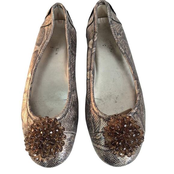 Anne Klein Sport " Bauble" Bronze Metallic Snake Flats Beaded Pom Pom Sz 9 - Picture 2 of 6